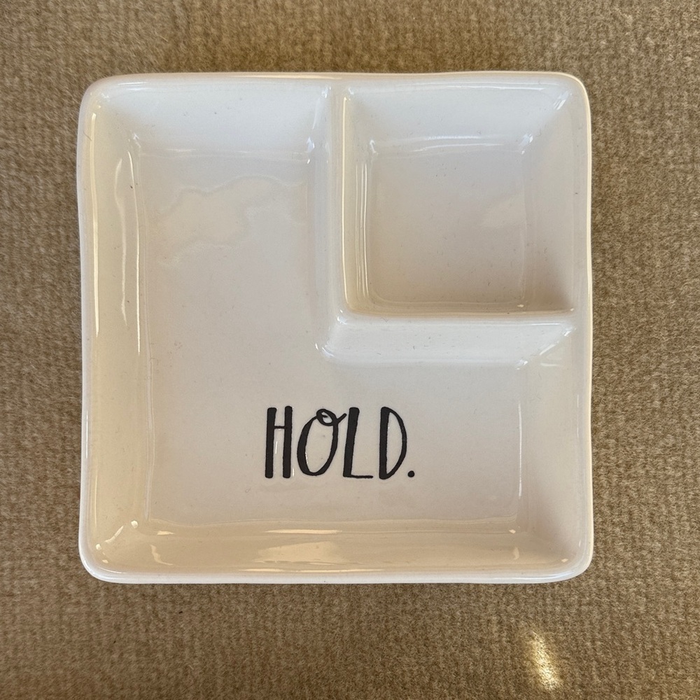 Rae Dunn “Hold” Dish White Square Ceramic Plate with Dividers